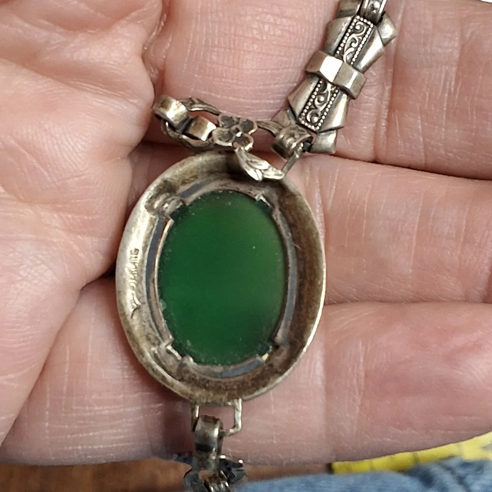 Vintage Art Deco Sterling Marcasite Green Chalcedony Bracelet Oval Cabochon - Picture 5 of 8